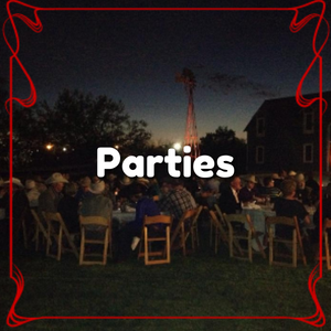 Night time party event with the word parties overlaid on the image